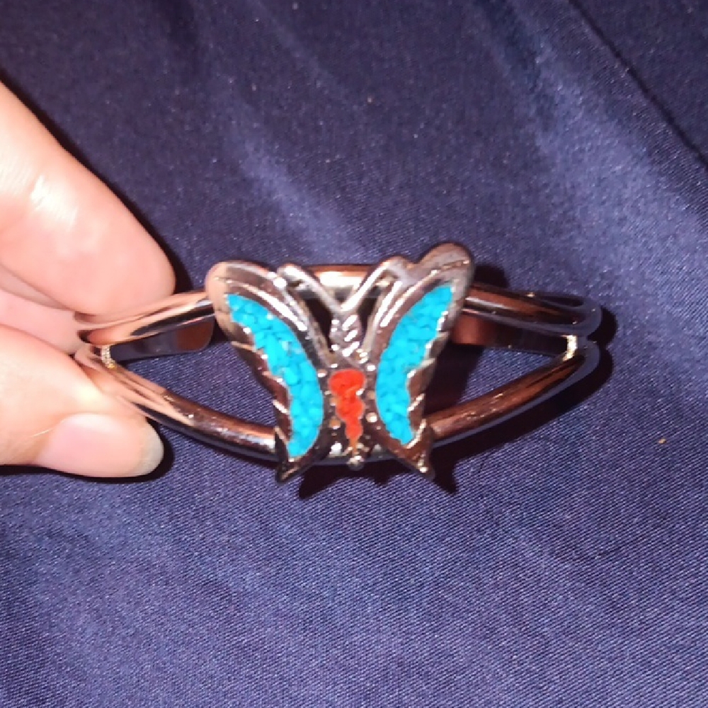 Butterfly Design Silver Bracelet with Blue and Red Accents